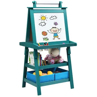 Costway - 3 in 1 Kinder Staffelei, Kindertafel doppelseitig, Whiteboard & Kreidetafel & Zeichenpapier, Standtafel inkl. Magneten, 2 Regalebenen
