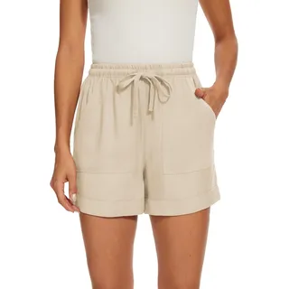 KINGFEN Kurze Hosen Damen Shorts leinen Damen Kurze Leinenhose Damen shortsladies Summer Tops Damen Sommer leinen Beige M - M