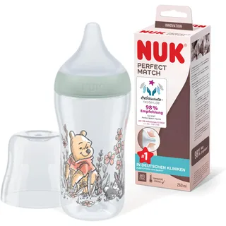 NUK Perfect Match Babyflasche | Ab 3 Monate | Passt sich dem Baby an | Temperature Control | Anti-Colic | 260 ml | BPA-frei | Silikontrinksauger, Medium | Disneys Winnie Puuh