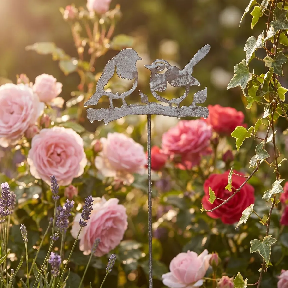 Gartenstecker AMBIENTE HAUS "Vogel (H) 85cm", grau, B:25cm H:85cm, Metall, Gartenstecker, Stecker mit zwei Vögeln für den Garten