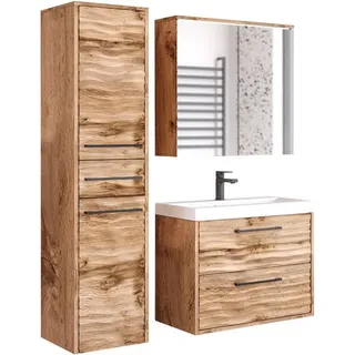 WELLTIME Badmöbel-Set »Canada - Fronten mit Wellenstruktur«, (Komplett-Set, 3... St., Fronten mit Wellenstruktur), Badmöbel mit Soft-Close, Spiegelschrank, Waschtisch mit Becken, braun