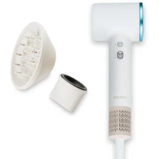 Medion Föhn - Ionen Haartrockner mit Diffusor HD1 (1.600 Watt, Stylingdüse, magnetische Aufsätze, leise langlebiger BLDC Motor, LED Ringlicht, langes Netzkabel) Haarföhn in weiß