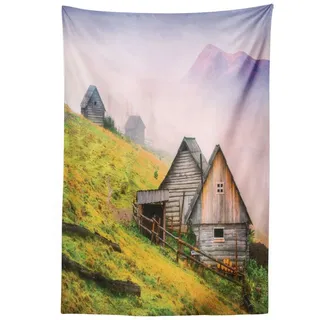 Abakuhaus Wandteppich aus Weiches Mikrofaser Stoff Für das Wohn und Schlafzimmer, rechteckig, Natur Holzhäuser Berg braun|grün 110 cm x 150 cm