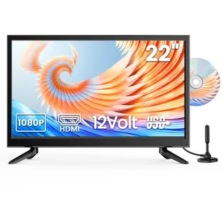 DESOBRY 22 Zoll Kleiner Fernseher 1080P Integriertem DVD-Player, Mini TV Integriertem DVB-T2-Tuner, mit Antenne, HDMI/USB/AV-Eingang – 12V TV-DVD-Kombination für Wohnmobile, Küchen und kleine Räume