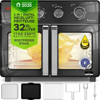 TurboTronic digitaler Heißluftofen - XXL 32 Liter mit Drehspieß für Hähnchen 4in1 Mini Backofen & Power Heißluftfritteuse Airfryer ab 80°C