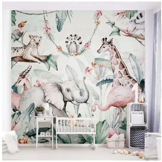Bilderdepot24 Vliestapete Kinderzimmer Aquarell Afrika Tiere Wanddeko Giraffe Elefant Flamingo, Glatt, Matt, (Vliestapete inkl. Kleister oder selbstklebend), Mädchenzimmer Jungenzimmer Babyzimmer Bildtapete Fototapete Wandtapete grün 0.96 m x 0.96 m
