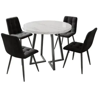 KLAM HOME Essgruppe Modernes Küchentisch-Set für Wohnzimmer Küche, (5-tlg., Esstisch-Set mit 4 Stühlen und 1 Runder Küchentisch), mit Metallbeinen,dunkelgraue Samt-Esszimmerstüh schwarz