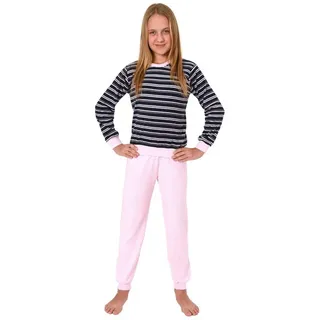 normann Mädchen Frottee Pyjama Langarm Schlafanzug mit Bündchen in Streifenoptik - 291 401 13 569, Farbe:Marine, Größe:146/152 - 146-152