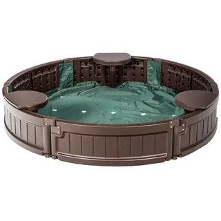 Goplus 120 cm Runder Sandbox, HDPE-Sandkasten mit 3 Abnehmbaren Sitzen für Kinder, Wetterbestaendige Sandkiste mit Oxford-Unterlage & Abdeckung für