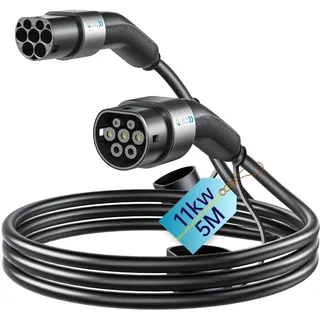 QIAO Elektrofahrzeug-Ladekabel Typ 2, 11kW 5M 16A 3-phasig, IEC 62196 Ladekabel für Elektrofahrzeuge vom Typ 2 auf Typ 2, Elektrofahrzeug-/Plug-in-Hybrid-Schnellladekabel mit Tragetasche