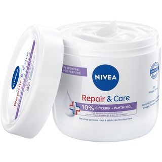 NIVEA Repair & Care Parfümfrei Creme, feuchtigkeitsspendende & nicht fettende Körpercreme, schnell einziehende Lotion mit Panthenol & Glycerin, für sensible & juckende Haut (400 ml)