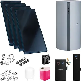 Viessmann Solaranlage mit 4 Stk. Vitosol 200-FM SV2F, Regelung, Pufferspeicher Vitocell 140-E 750l silber und Frischwassermodul - SK05795
