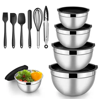 Herogo Schüssel mit Deckel, Edelstahl Salatschüssel Set 5er Set, Größe 4,5L/2,7L/1,5L/1,2L/0,7L, Stapelbar Rührschüssel für Küche Mischen und Servieren, Beinhalten Backen Zubehör, Spülmaschinenfest