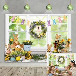 Frühling Ostern Hintergrund für Fotografie Kaninchen Hase Fenster Garten Bunte Eier Ostern Girlande Hintergrund Kinder Baby Dusche Geburtstag Party Dekoration Banner Foto Hintergrund (240 x 180 cm)