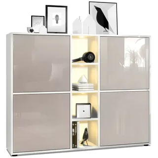Vladon Highboard Cuba Türen in Sandgrau Hochglanz , Holzwerkstoff , 130.5x105.5x35.5 cm , Kleinmöbel, Kommoden, Highboards