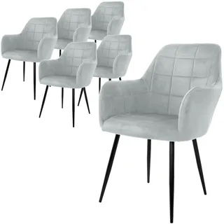 ECD Germany 6er Set Esszimmerstühle mit Rücken- und Armlehnen, Grau, Küchenstühle mit Samtbezug, Polsterstühle mit Metallbeinen, Ergonomische Stühle für Esstisch, Wohnzimmerstühle Esszimmerstuhl