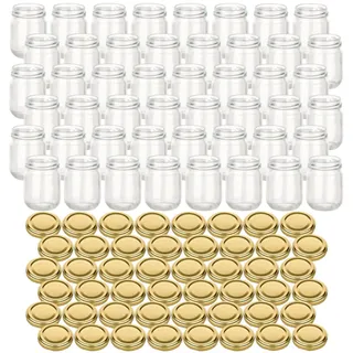 gouveo 48er Set Einmachgläser 130 ml Helix mit Schraubdeckel goldfarben - Kleine Vorratsgläser mit Schraubverschluß to 53 mm - Kleine Einmachgläser für Marmelade, Honig, Gewürze, Selbstgemachtes