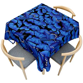 Fasbuy Tischdecke Abwaschbar Quadratisch, 3D Schmetterling Muster Tischdecke Lotuseffekt Schmutzabweisend Tisch Decken Tischtuch Tischwäsche Mitteldecke, 4 Klammer (Blau Schmetterling,180x180cm)