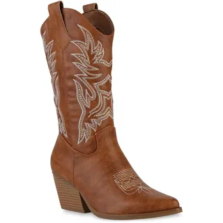 VAN HILL Damen Cowboystiefel Stiefel Stickereien Schuhe 840142, Farbe: Hellbraun, - Braun