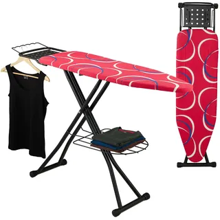 Relaxdays Bügelbrett für Dampfbügeleisen, 110 x 33 cm, höhenverstellbar, klappbar, Kleiderablagen, Bügeltisch, rot