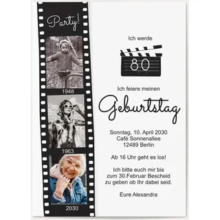 Einladung zum 80. Geburtstag Weiß online gestalten und bestellen - Filmstreifen | Wunderkarten.de
