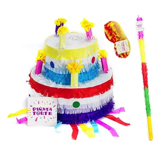 Trendario Torten Pinata Set, Pinjatta + Stab + Augenmaske, Ideal zum Befüllen mit Süßigkeiten und Geschenken - Piñata für Kindergeburtstag Spiel, Geschenkidee, Party, Geburtstag