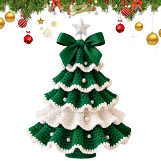 DIY Häkel Weihnachtsbaum Set, Handgefertigter Häkel-Weihnachtsbaum mit Schleifen und Perlenverzierung, Häkel Baum Bastelset for Anfänger, Festliche Weihnachtsdeko zum Häkeln