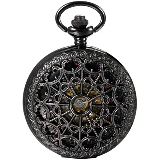 Lancardo Damen Herren Steampunk mechanische Taschenuhr schwarz, Retro Zahnrad Ritzel Kettenuhr Skelett Uhr mit Kette