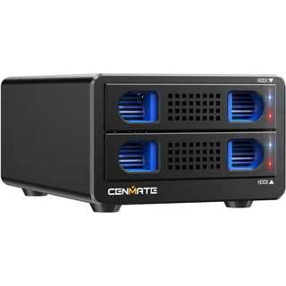 CENMATE Aluminium Festplattengehäuse mit Zwei Einschüben und Lüfter für 2.5„/3.5“ SATA HDD/SSD mit USB A/C 3.0, werkzeugloses Festplattengehäuse, Daisy Chain Erweiterung, DAS(NO RAID/NAS)