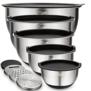 Wildone Rührschüsseln 5er-Set, Wildone Edelstahl mit luftdichten Deckeln, 3 Reibenaufsätzen,