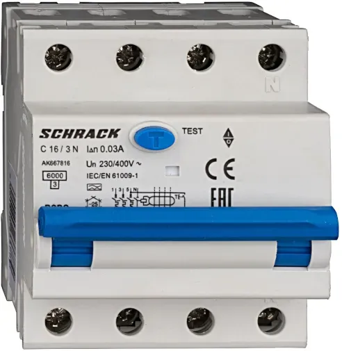 Schrack LS-FI-Schalter AMPARO, 6kA, Kennlinie C, 16A, 30mA, 3+N, Typ A (AK667816--)
