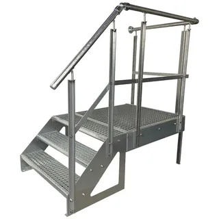 Kaminbau Mierzwa Außentreppe Stahltreppe 3 Stufen Treppen Höhe 57 cm & Podest mit und ohne Geländer, für Geschosshöhen bis 57 cm, Stufen Gitterroststufen nach DIN 24531, (Wählbare Treppen Ausrichtung und ob mit oder ohne Geländer)