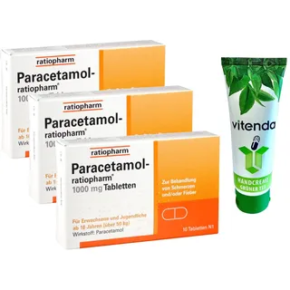 Paracetamol-ratiopharm 1000 mg Tabletten 3x10 Stück inclusive einer Handcreme von vitenda - Der gut verträgliche Klassiker hilft gegen Schmerzen und Fieber