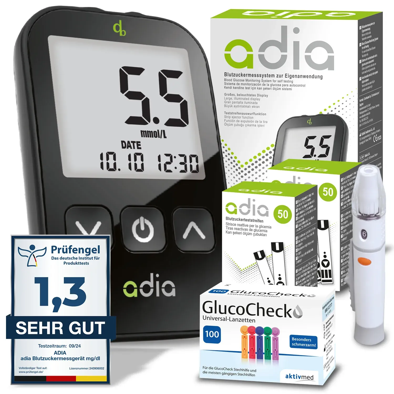 adia Blutzuckermessgerät (mmol) + 110 Blutzuckerteststreifen, 110 Lanzetten, 1 Stechhilfe, 1 Etui
