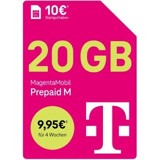 Telekom MagentaMobil Prepaid M mit 20 GB Highspeed-Volumen | 5G/LTE Max & Allnet Flat in alle dt. Netze | unverbrauchtes Datenvolumen weiter nutzen | EU Roaming & Hotspot Flat | 10 EUR Startguthaben