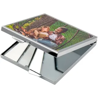 Quadratischer Taschenspiegel mit eigenem Foto - Silberner Stahlspiegel in quadratischer Form mit Fotodruck - Personalisierbarer Taschenspiegel
