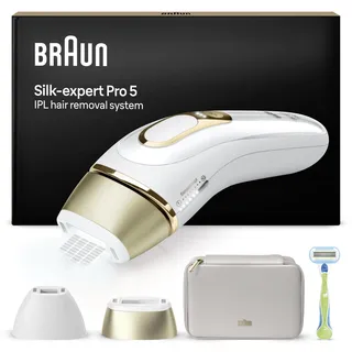 Braun IPL Silk·expert Pro 5, Alternative zur Laser-Haarentfernung für zuhause, mit Aufbewahrungstasche, Venus Rasierer, 2 Aufsätze, sichtbare Haarentfernung, Designed in Germany,Weiß oder Gold, PL5152