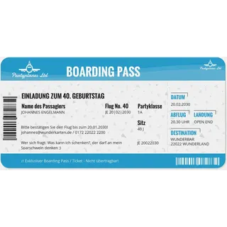 Einladungen zum Geburtstag Blau online gestalten und bestellen - Flugticket | Wunderkarten.de