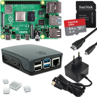 Raspberry Pi 4 8GB Starter-Set | Ultra 64GB Micro SD Karte | USB-C Netzteil 15W | Gehäuse schwarz | 4K Micro HDMI Kabel | Kühlkörper Set | Raspberry Pi 4 Model B 8GB RAM