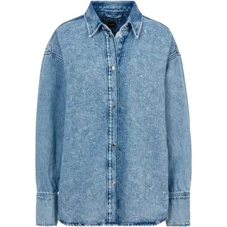 Klassische Bluse BOSS ORANGE "C_DENIM SHIRT HF" Gr. 40, blau (dunkelblau 406), Damen, Web, Obermaterial: 100% Baumwolle, unifarben, washed, Blusen, mit Blusenkragen und All Over Straß & Glitzereffekt