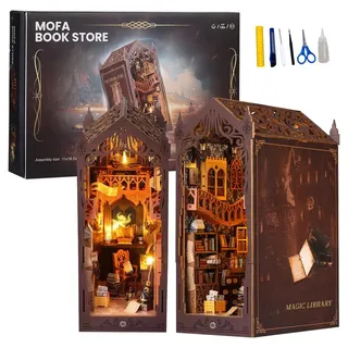 DIY Book Nook Kit, DIY Magische Welt Puppenhäuser Miniatur Haus Kit mit LED-Licht 3D Holzpuzzle Bücherecke Bücherregaleinsatz 3D Puzzle Holz Buchstütze für Bücherregal Deko und Geschenken (Nook-1)