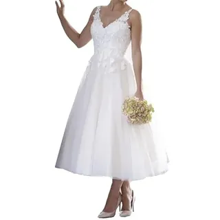 TAIGUHUI Damen Kurzes Brautkleid Vintage Standesamt Büro Brautkleid Spitze Ärmellos, Weiß, 40 - 40
