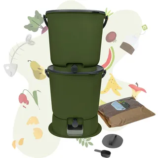 Bokashi Starter Set mit 2 Bokashi Eimer, olive, Bokashi Ferment, Dosierhilfe und Stampfer