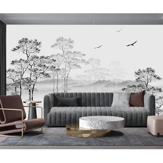 Fototapete Panorama 3D Seide Schwarz und Weiß Natur Wald, 300 X 210 cm Wandbild Panorama Bäume Berg Vögel Minimal für Wohnzimmer, Erwachsene, Kinderzimmer, Restaurant Dekoration