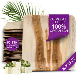 Waipur Bio Palmblattteller - 50 Teller eckig 20x20 cm - Premium Einmalteller kompostierbar - Umweltfreundliche Partyteller - Palmblatt Geschirr