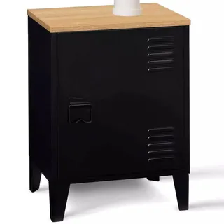 IDMarket - Nachttisch Ester 1 Tür Metall schwarz Buchenholzplatte Industriedesign