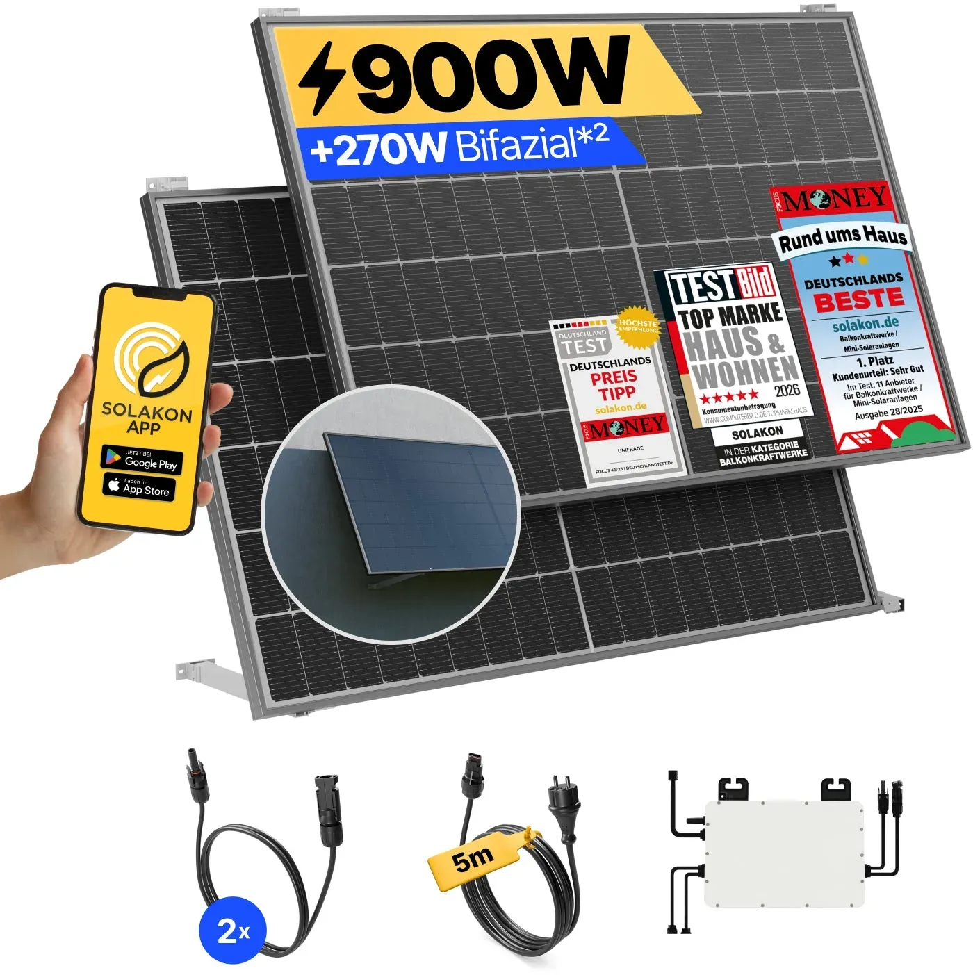 onLite: 900 Watt Balkonkraftwerk - Wand/Fassade / ohne Speicher / 5m