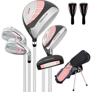 autolock Golfschläger + Golfbag Kinder Golfschläger Set, Golf Set für Kinder von 6-14Jahren, Inklusive Stand Bag,1# Drive, 5# Hybrid, 6/7#, 9/P# Eisen und Putter rosa