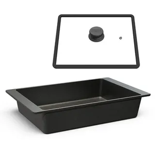 Hoffmann Germany Bräter Aluguss Auflaufform eckig 41x26 cm mit Deckel – Made in Germany, Aluguss (Set, 2-tlg., 1x Bräter 41x26 cm + 1x Glasdeckel), Auflaufform, Antihaft, backofenfest bis 250°C, eckig, Induktion schwarz
