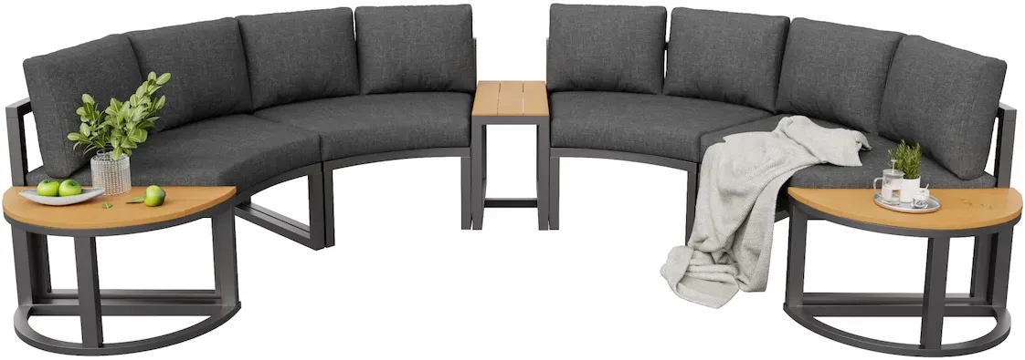 Merax Modulares Gartenmöbel-Set für 4-6 Personen, Loungesessel-Set, 4x Doppelsofa mit Polstern & Kissen, 3x kleine Couchtische, rundes Sofa, Grau
